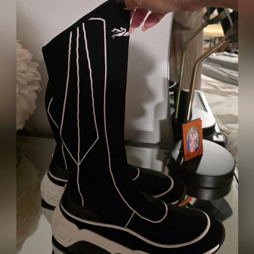Longchamp Black and White Knee-High Boots
